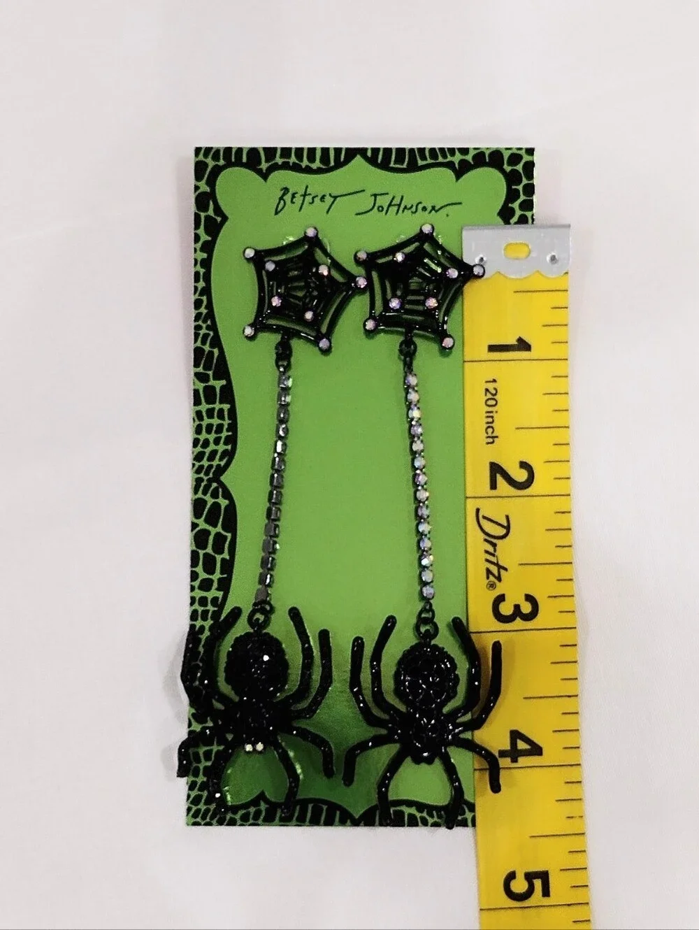 Betsey Johnson Black Spider Web Drop Earrings with Sparkle Chains